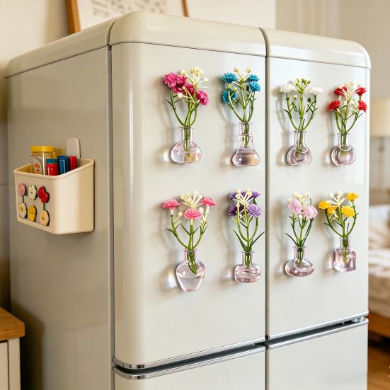 1/8/10Pcs Vertical Greenery Vase Magnetic Mini Clear Glass Propagation Vase with Faux Flowers Dorm Room Plant Decor