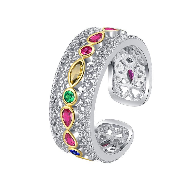 S925 Sterling Silver Retro Court Lace Colored Zirconium Open Ring Girl Niche Design High-End Simple Ring