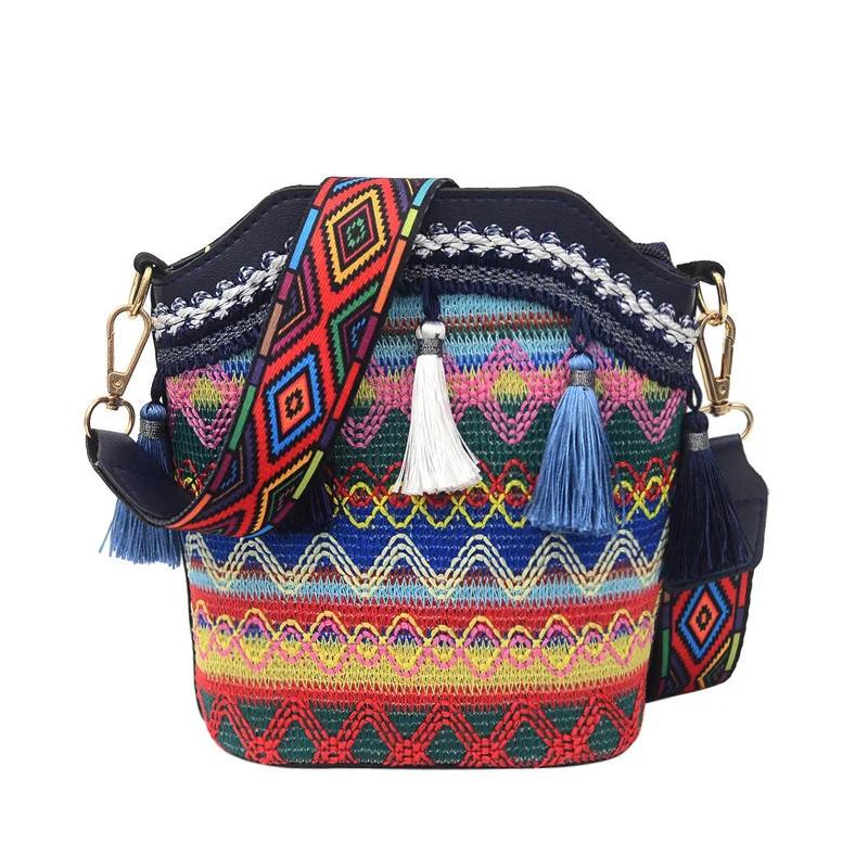 

1 Pcs Fashion Bohemian Ethnic Style Women s Straw Woven Shoulder Messenger Bag Retro Casual Tassel Bucket Bag