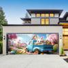 2D Easter Bunny Truck Backdrop Cloth Spring Cherry Blossom Village Outdoor Decor