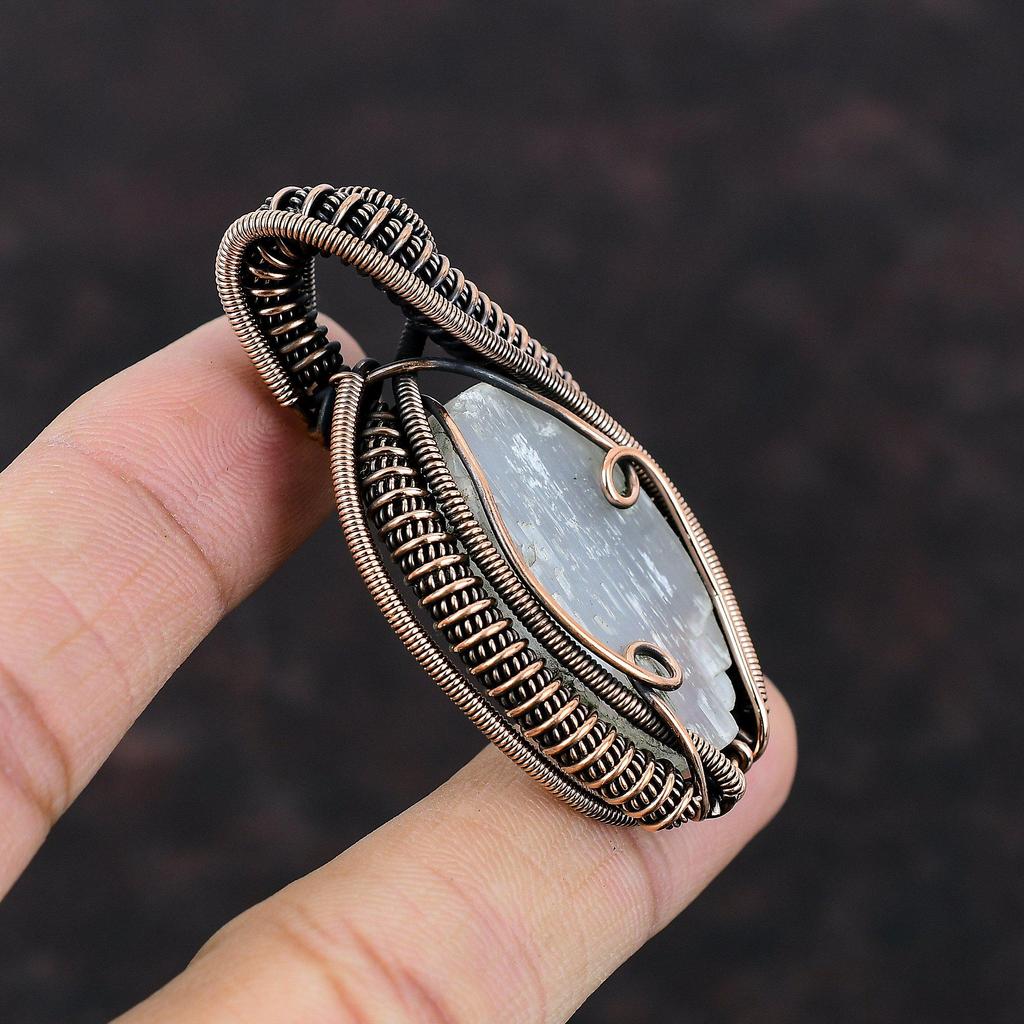 Selenit Druzy Anhänger Kupferdraht gewickelter Anhänger Edelsteinanhänger Eleganter Kupferschmuck Handgefertigter Anhänger Geschenk für Frauen Drahtwickelschmuck