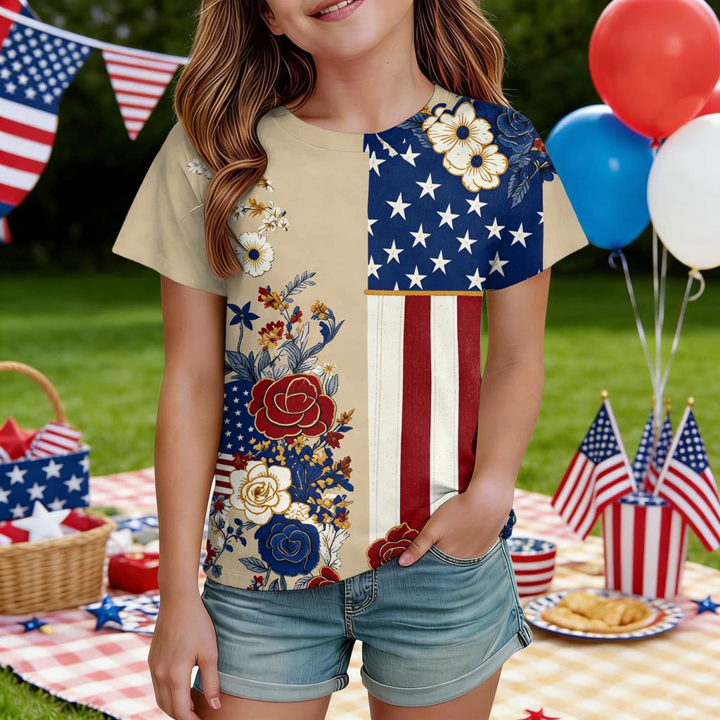 Kids Independence Day Print Round Neck Short Sleeve Casual T-shirt