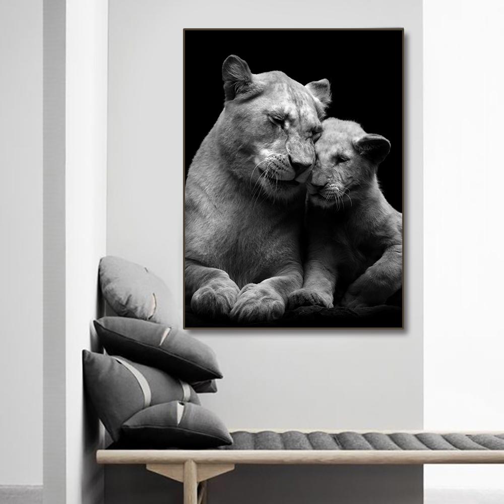 Black and White Wildlife Oil Painting, Tiger, Lion, Elephant Picture, Wall Art Poster and Printmaking Living Room