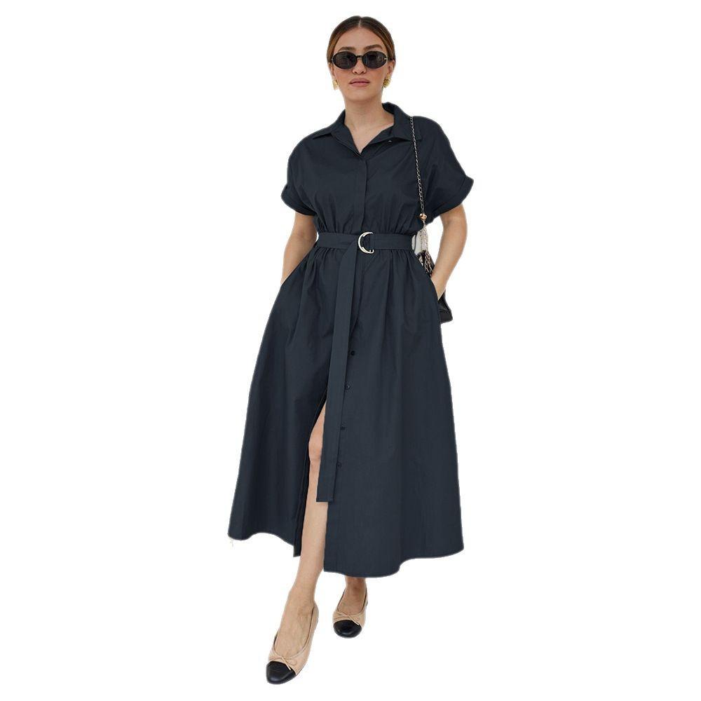 Pure cotton short-sleeved dress European and American summer new single-breasted medium and long dress shirt dress women