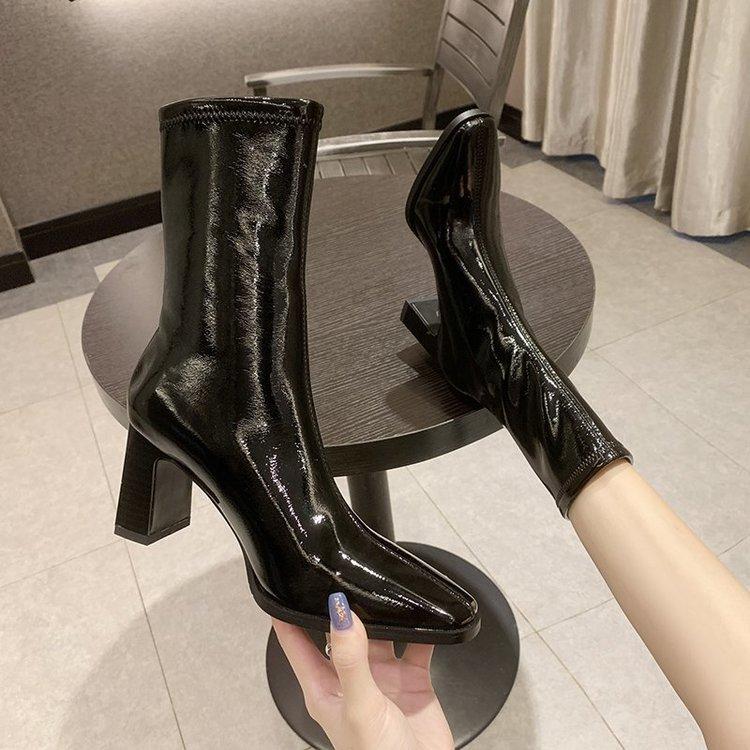 Fashion Women Patent Leather White Ankle Boots Women Autumn Fashion Slip On High Heels Boot Woman Pointed Toe Thick Heeled Short Booties