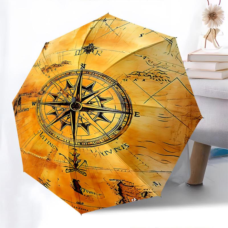 Compass Map Themed Automatic Opening and Closing Umbrella, Brightly Colored 8-rib Portable Umbrella, Suitable for Men and Women, A Perfect G