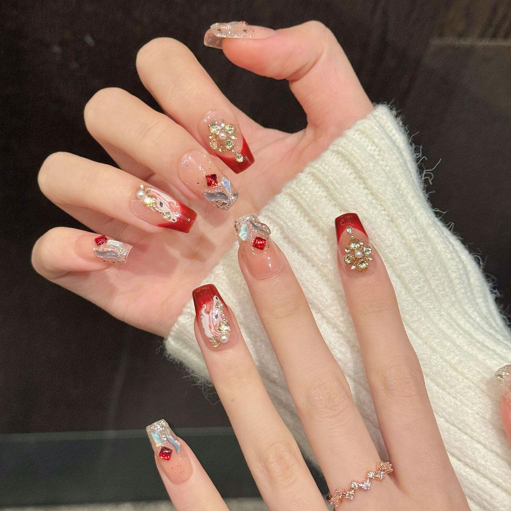 10PCS Red Gradient False Nails with Flash Glitter Design For Women Wedding Party Use
