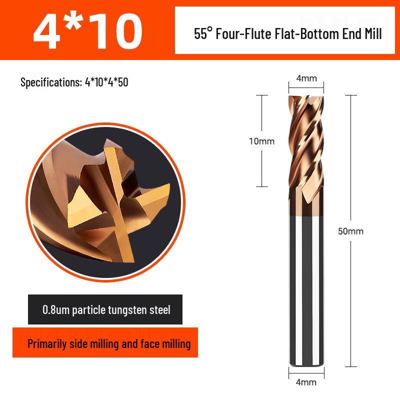 

55° CNC Tungsten Steel 4-Flute End Mill, Alloy Coated, Superhard Flat Milling Cutter for Stainless Steel
