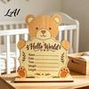 Custom Birth Detail Plaque Wooden Baby Announcement Sign Cute Bear Hello World Newborn Welcome Sign Room Desktop Ornament with Stand Name