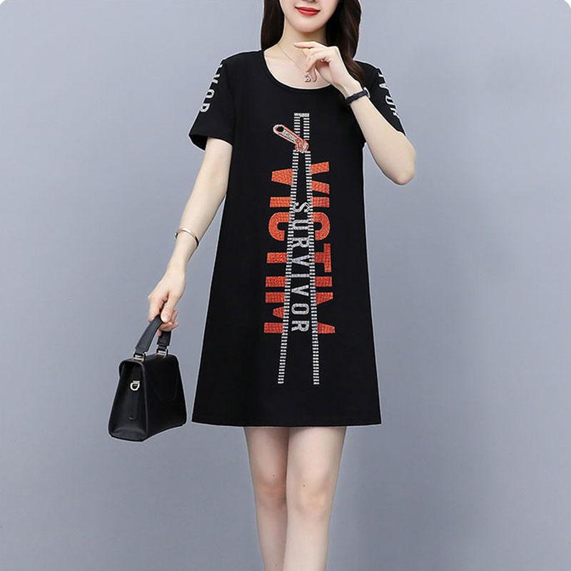 Casual Fashion Printed Midi Dress Summer Short Sleeve All-match Women's Clothing Round Neck Korean Loose A-Line Waist Dresses