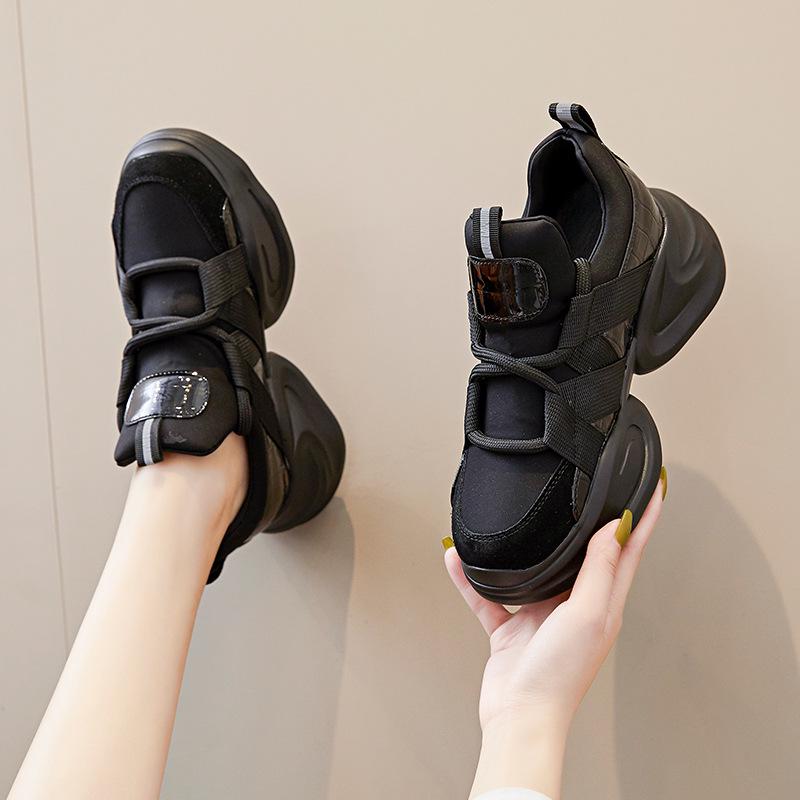 "2024 Women’s Genuine Leather Dad Sneakers - Korean Style, Black, Thick Sole, Height Boost, All-Match for Spring & Autumn"