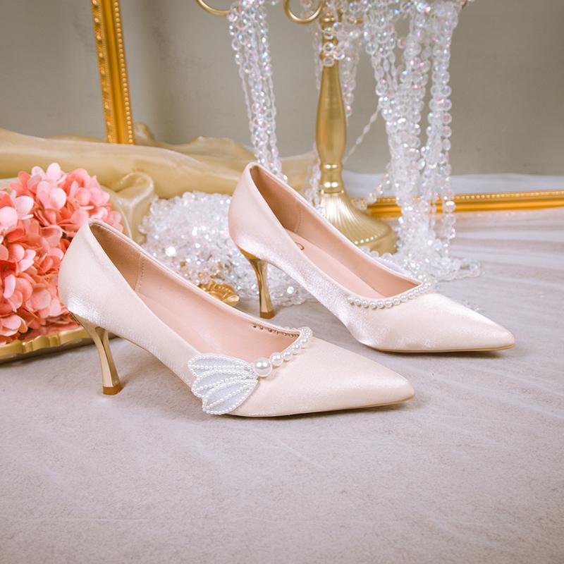 Pantofi de nuntă cu tocuri subțiri cu aripi eleganti, pantofi de mireasă, cu perle, cu toc înalt, pantofi cu toc înalt pentru femei, pantofi cu mărgele șir