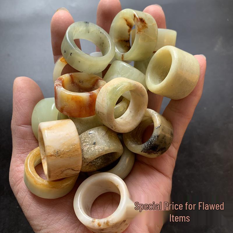 Natural Hetian Jade Flower Thumb Ring with Minor Flaws, Multi-Color Veins, Red Fanta, Polishable. Seven Generations