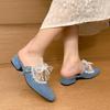 Baotou Niedrige Hausschuhe Sommer Neue Mode Quadratische Spitze Flache Öffnung Spitze Schmetterlingsknoten Weich Rutschfest Quadratischer Absatz Schuhe