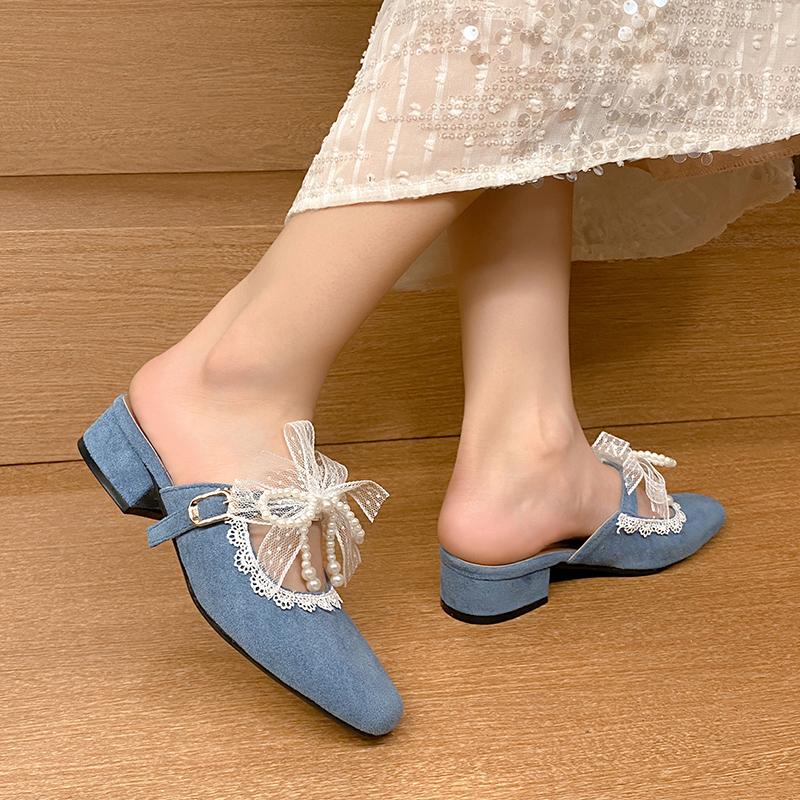 Baotou Niedrige Hausschuhe Sommer Neue Mode Quadratische Spitze Flache Öffnung Spitze Schmetterlingsknoten Weich Rutschfest Quadratischer Absatz Schuhe