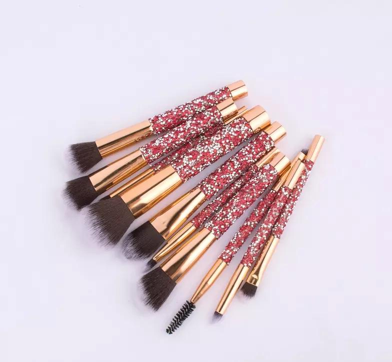 HMU Rubber Handle 10pcs Beautiful Rhinestone Elegant Glitter Bling Make up Brush With Case