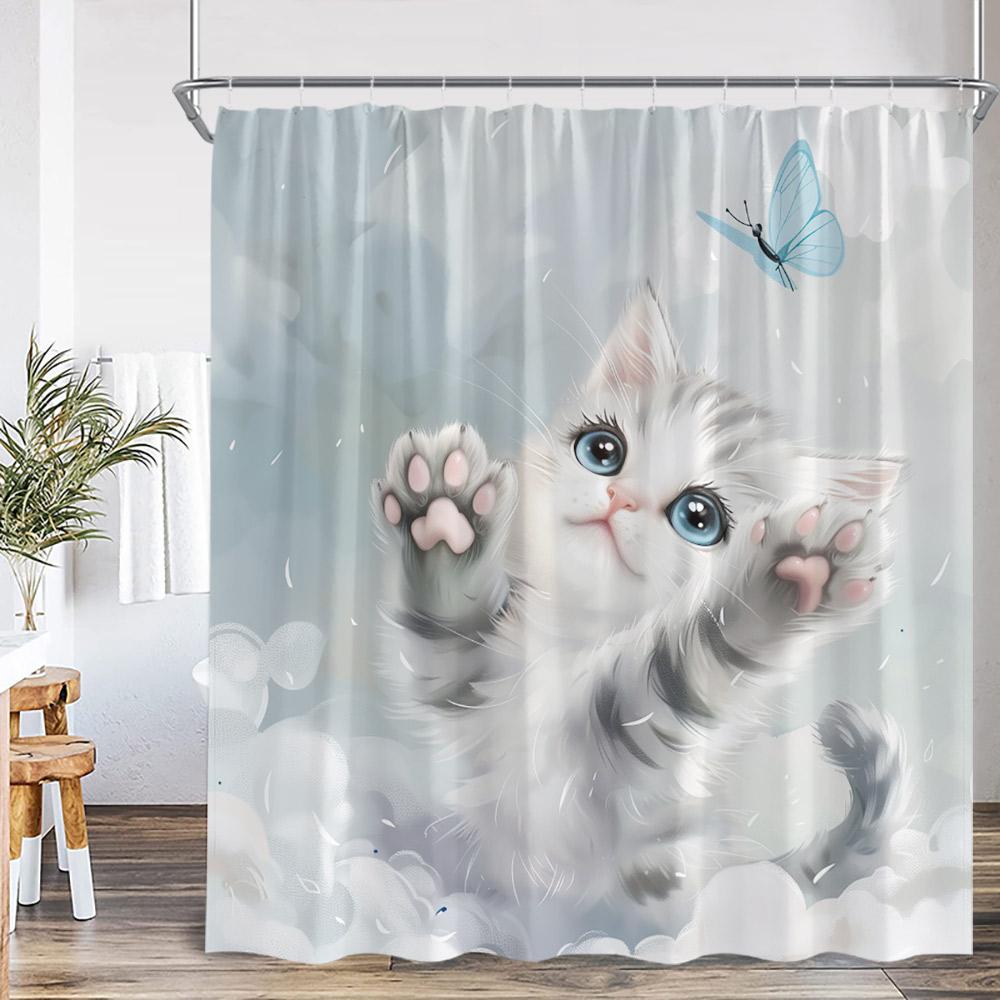 Cats Animal Print Shower Curtain Cartoon Cat Mushroom Hello Sweet Cheeks Modern Polyester Fabric Bathroom Decor Curtain Cloth