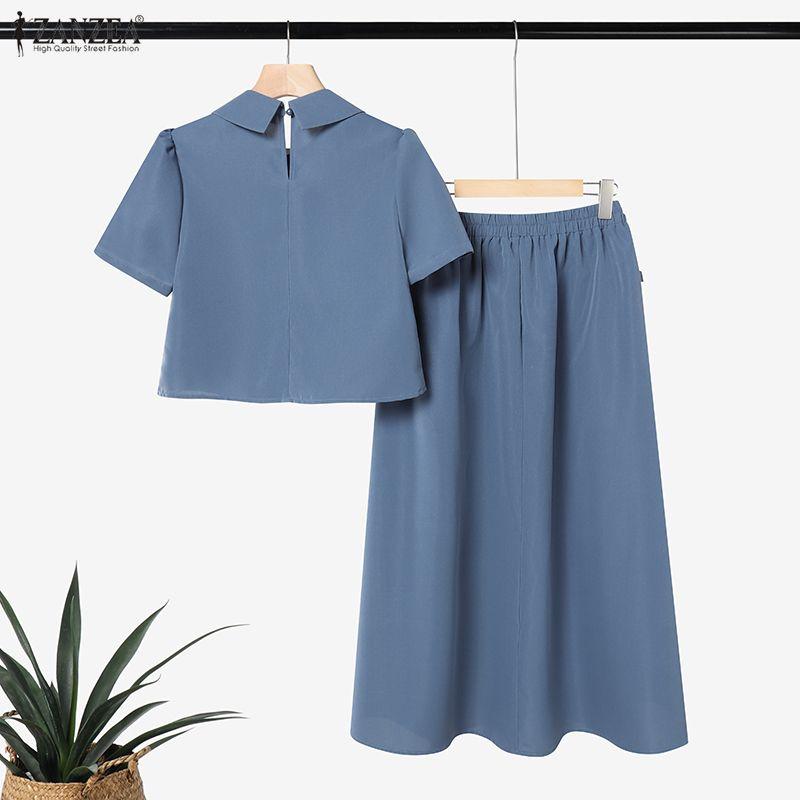 ZANZEA Women Short Sleeve Blouse and Midi Skirts Casual Two Piece Suit Sets