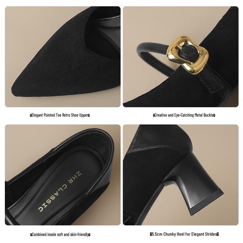 ZHR Women's Pointed Toe Mary Jane Block Heels