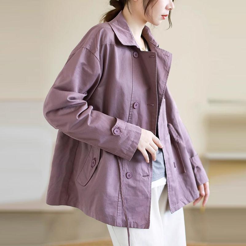 Fashion Loose Drawstring Trench Coat Double-Breasted Casual Loose Short Jacket Women's Cotton Top Spring Autumn