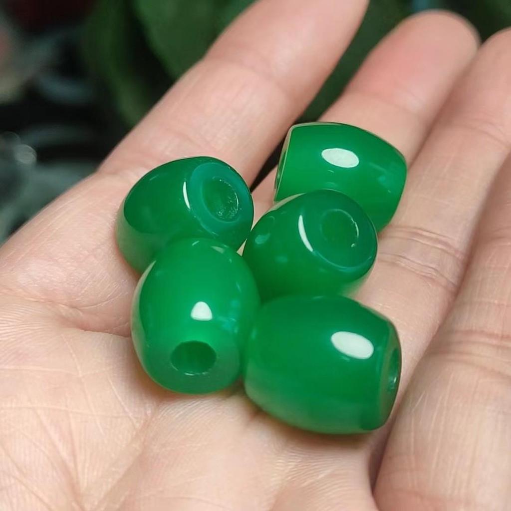 Bright Green Malaysian Jadeite Barrel Beads with Large Holes and Ruyi Design