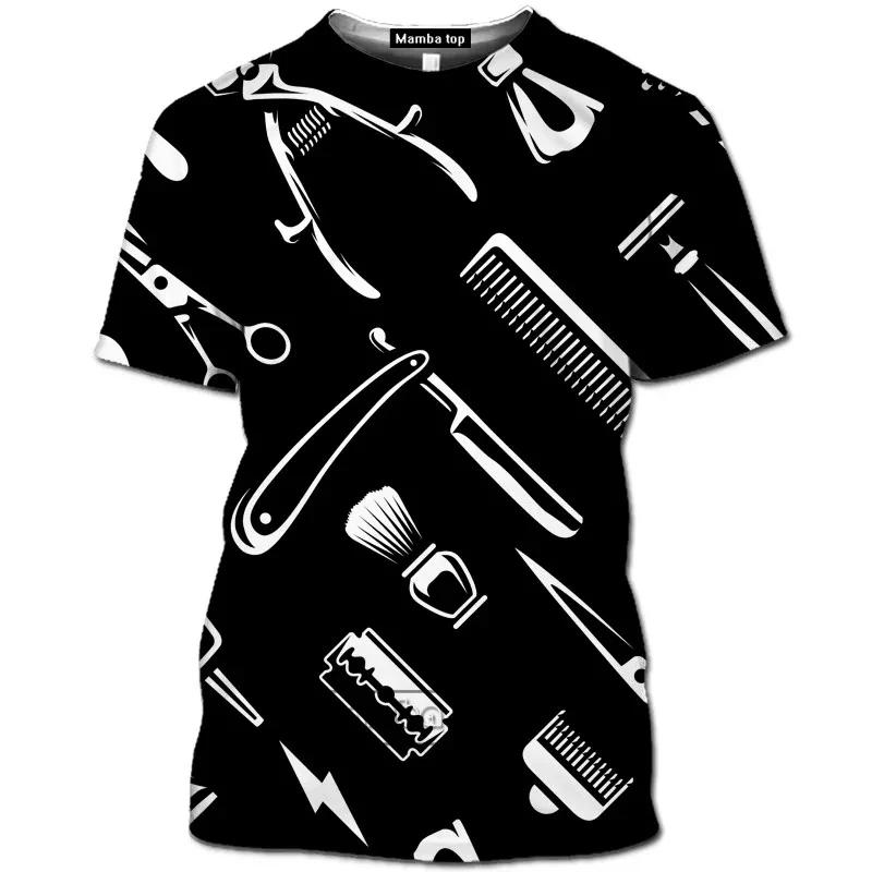 Men's Retro Barber Tool Pattern Men's Printed T-shirt Personalized Round Neck Fashion Comfortable Short sleeved Top