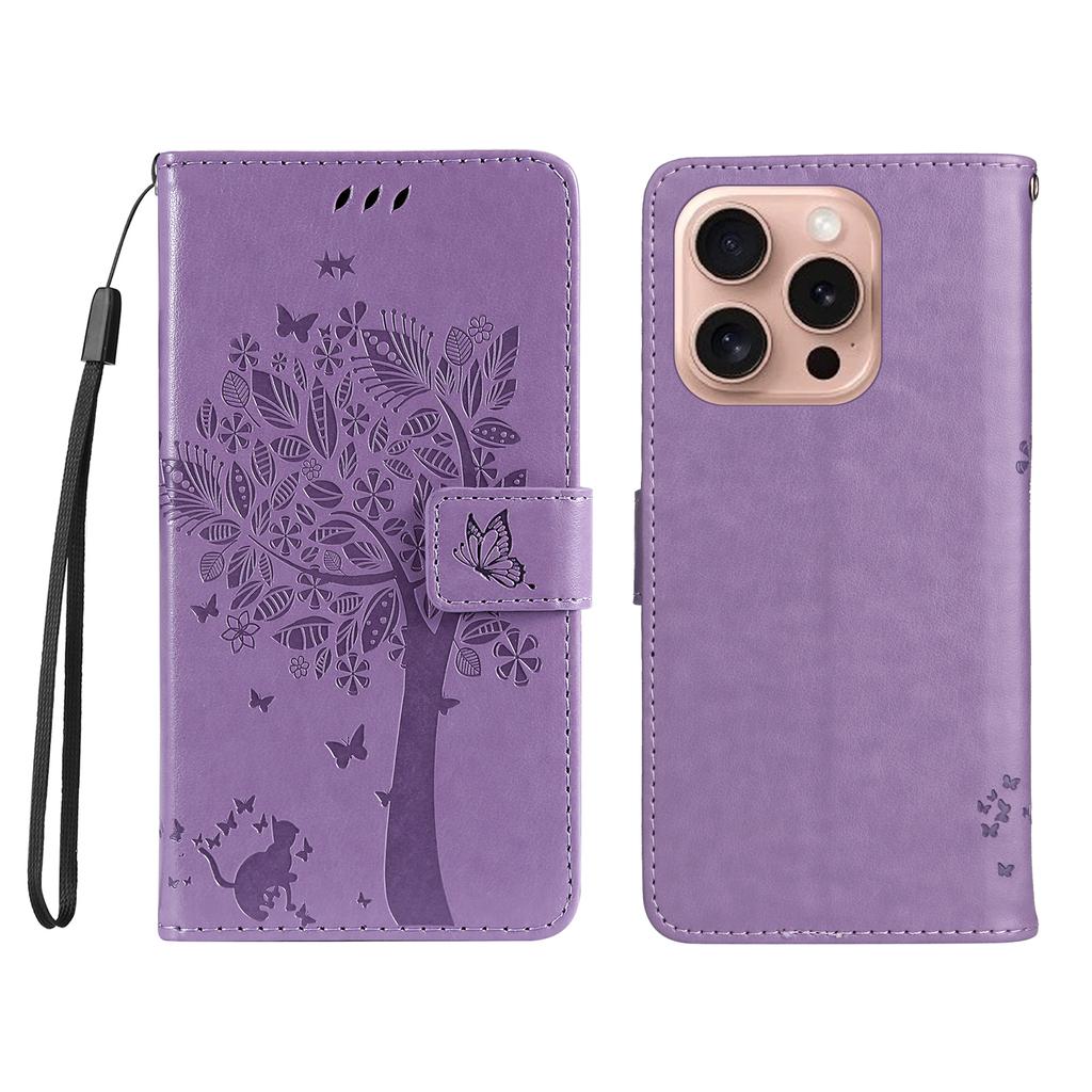 For iPhone 16 Pro Phone Case with Stand Cat Tree Pattern Leather Wallet Mobile Cover