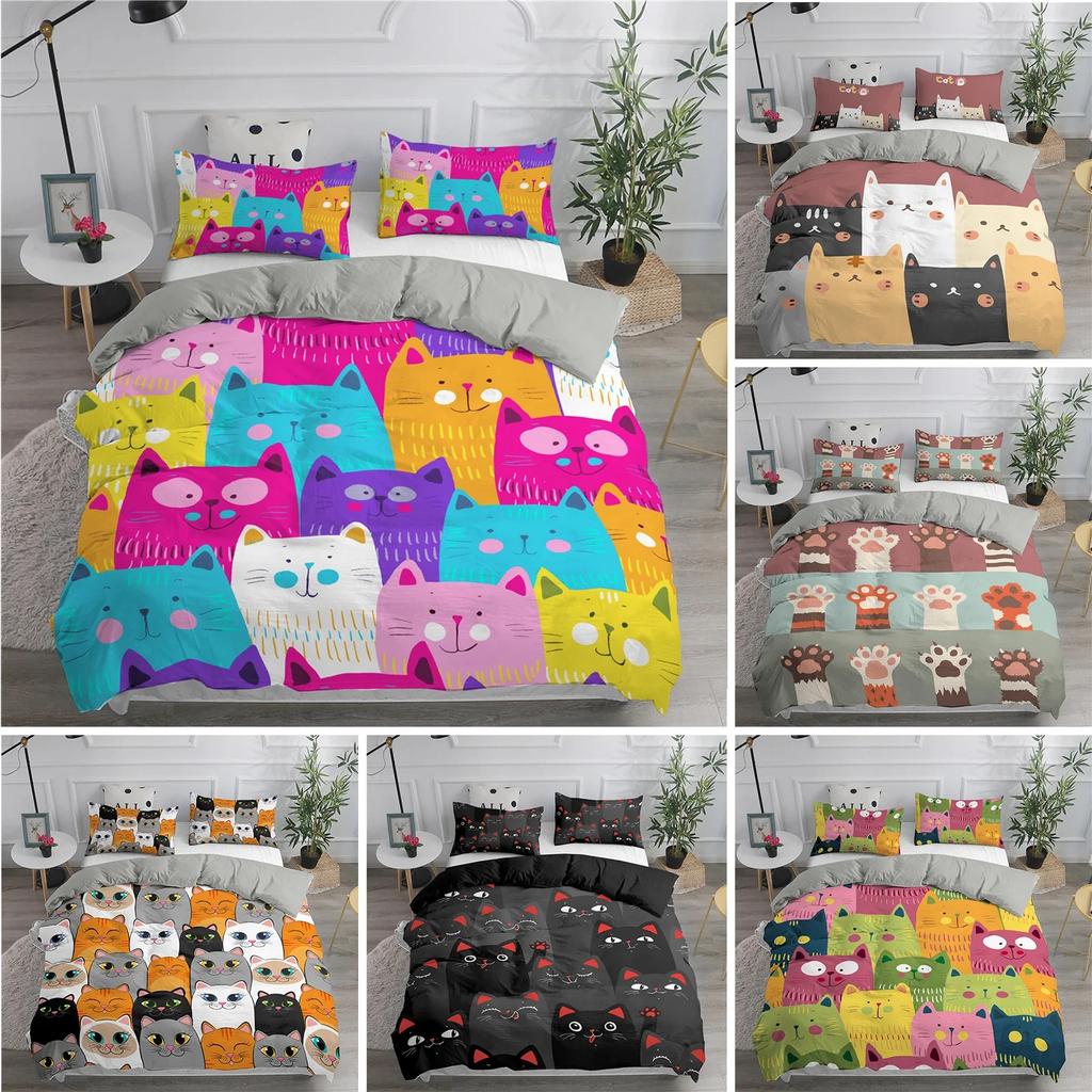 3D Printed Cartoon Cat Bedding Set Single Twin Double Queen King Cal King Size Bed Linen Set