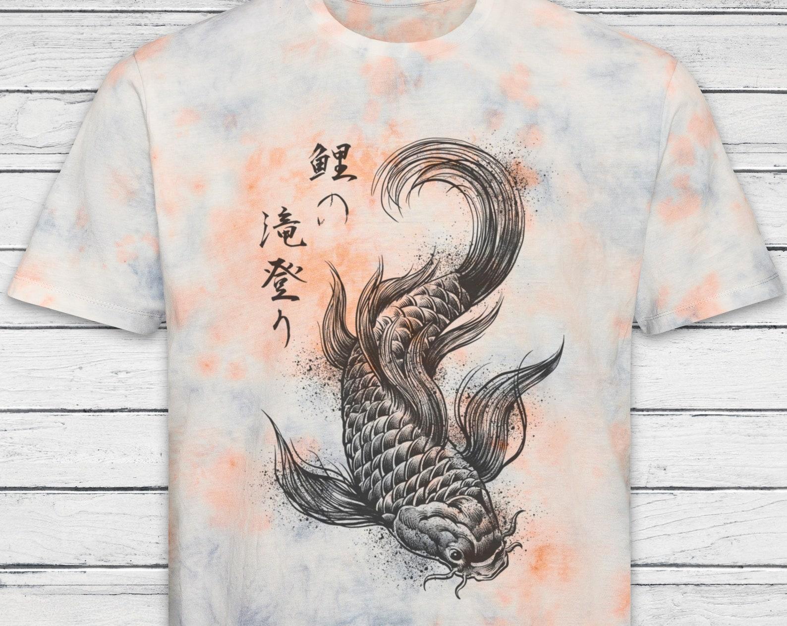 Koi Carp Japanese Calligraphy T-Shirt: Marble Tie Dye Print L