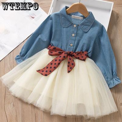 Girl's Spring and Autumn Dress Fake Two Piece Dress Shirt Dress Long Sleeve Princess Dress