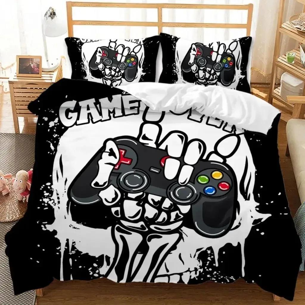 Gaming Duvet Cover Set Sugar Skull Gamer Bedding Spider Web Halloween Polyester Duvet Cover Kids Juvenile Hand Skeleton Gamepad