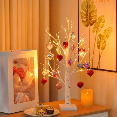 Romantic Heart-Shaped Birch Tree Lamp 23 Inch Valentines Day Decor with Red Pink Silver Hearts Adjustable Branches USB Powered