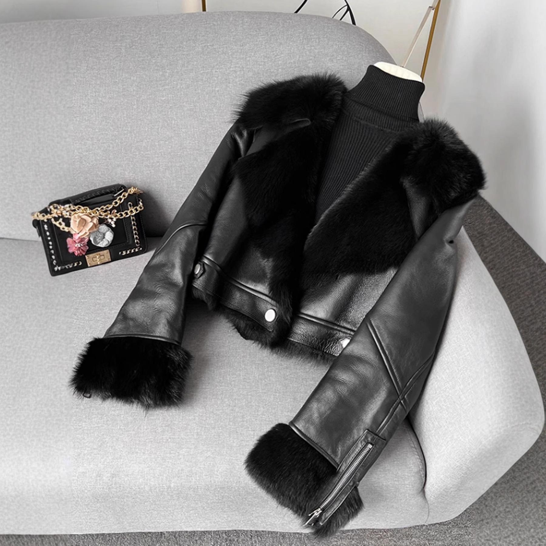 Street fashion brand black fur collar