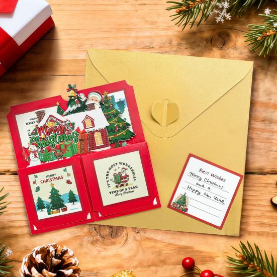 Decorative Winter Holiday Cards Pop Up Christmas Card with Envelope And Note Card, Merry Creative Paper Craft Greeting for New Year, Xmas Party Favors