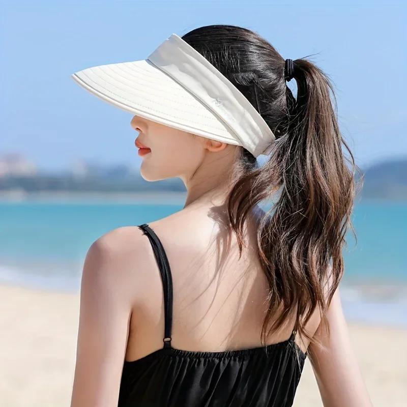 Dual Use Model Women Summer Sun Hat Casual Foldable Wide Brim Detachable Empty Top Ponytail Cap Adjustable UV Protection Sun Hat