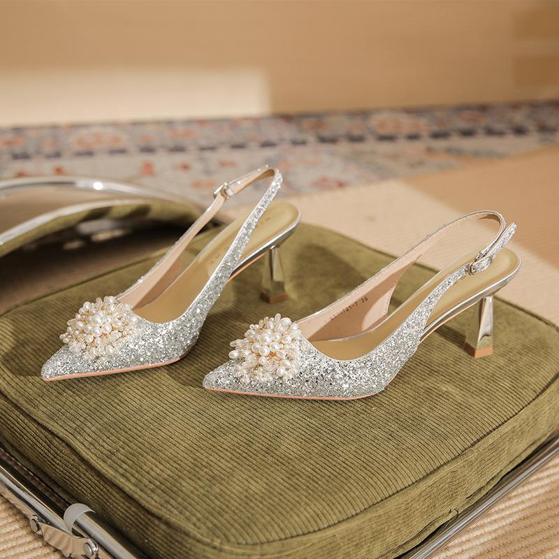7521-8 [sheepskin] High-heeled Wedding Shoes Women's Thin Heels 2025 New Pointed Sandals Sequined Pearl Single Shoes