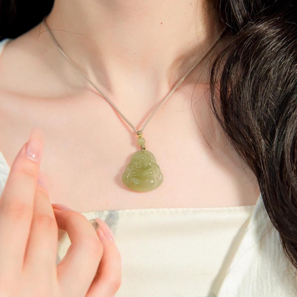 Natural Qingshui Hetian Jade Buddha Pendant, Maitreya Buddha Big Belly Buddha Jade Necklace for Women, Laughing Buddha Jade Pendant