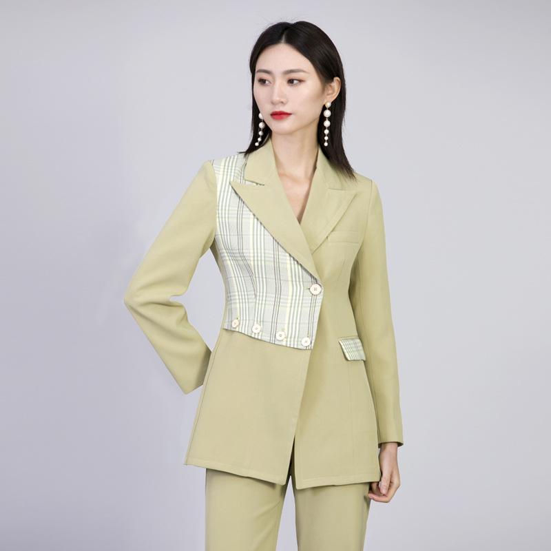 Elegant Green Women's Double-Breasted Woven Suit - Long-Sleeved, Slimming, Perfect for Spring and Autumn