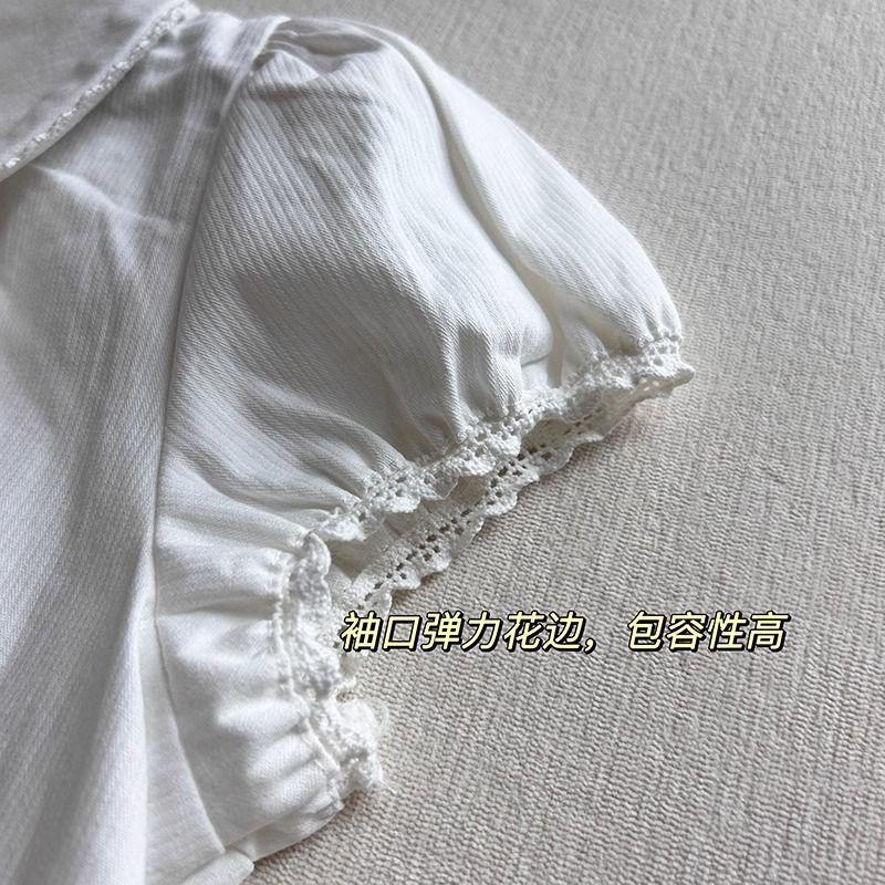White Peter Pan Collar Puff Sleeve Blouse Short Sleeve Button Down Shirt Casual Daily Top Women