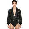 Mens Latin Ballet Dance Bodysuit Glittery Sequined Bodice V Neck Satiny Long Sleeves Buttoned Crotch Leotard