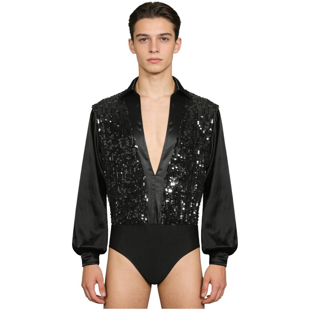 Mens Latin Ballet Dance Bodysuit Glittery Sequined Bodice V Neck Satiny Long Sleeves Buttoned Crotch Leotard