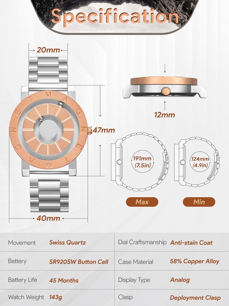 Magnetic Quartz Magnetic Ball 40MM Stainless Steel Gold Silver [EUTOUR] Watch, Men's Watch, Cool, Simple, Casual, Watch, Design, Waterproof, Dial,