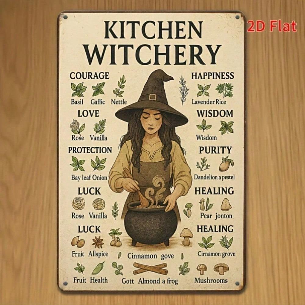 Vintage Easter Witch Metal Plaque 8x12, Rustic Kitchen Witchery Sign, Herbalism Symbols, 2D Flat Wall Decor