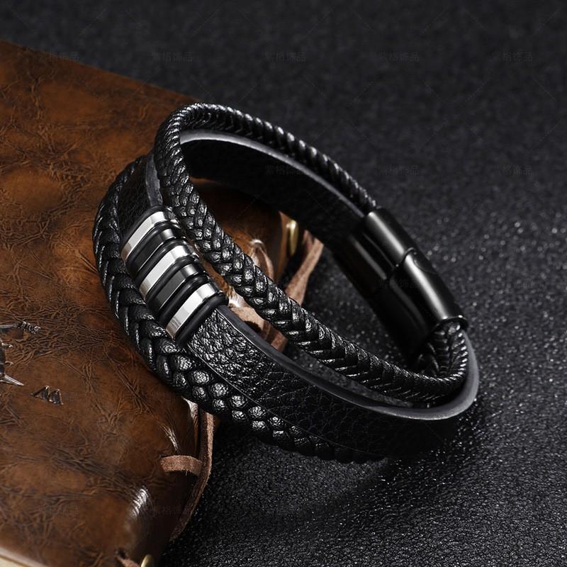 Mens Handwoven Leather Stainless Steel Bracelet Vintage Hip Hop Style Adjustable Length