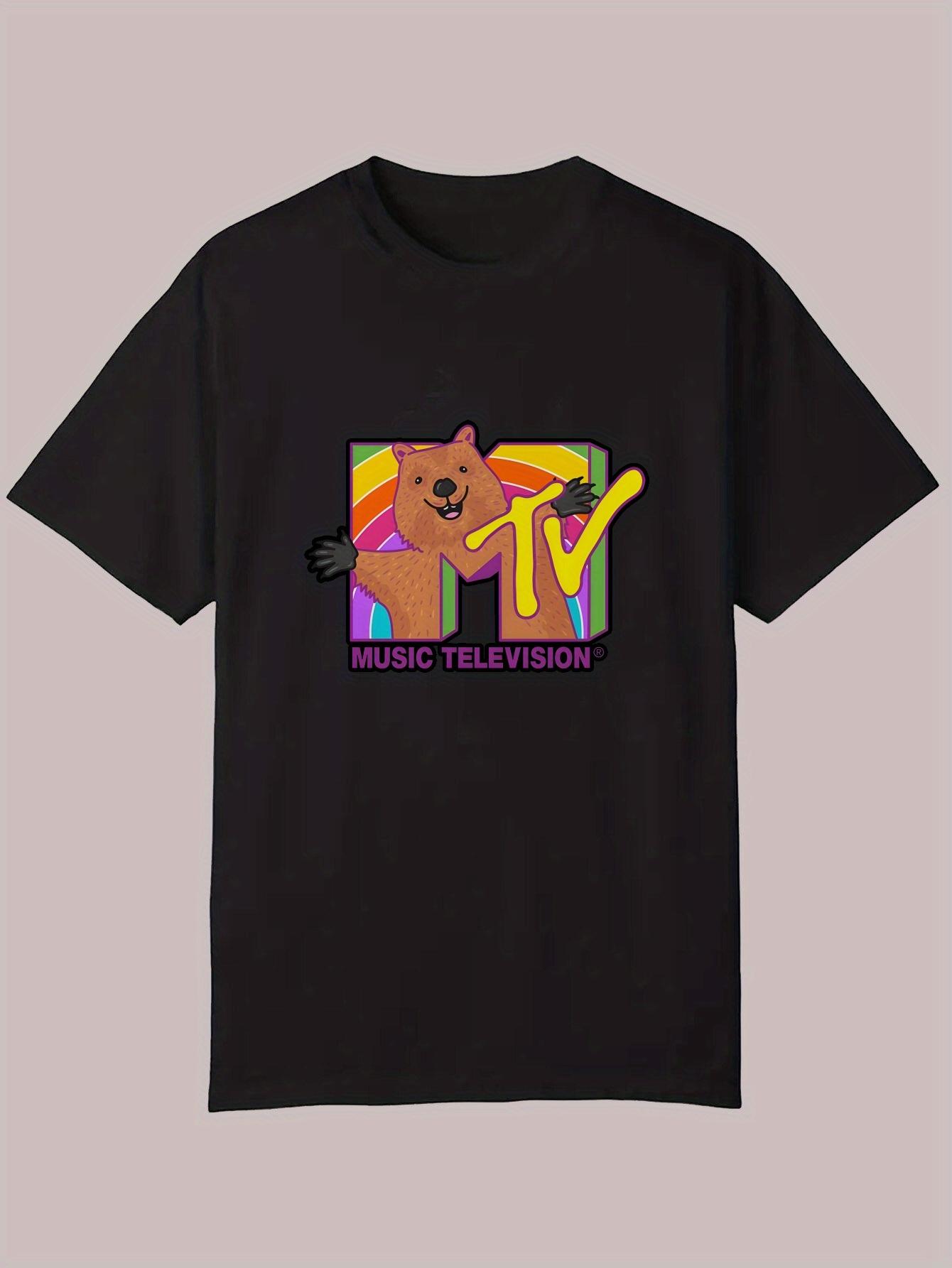 Summer Casual Short Sleeve T-shirt - Black MTV Logo & Cartoon Dog Graphic XXL