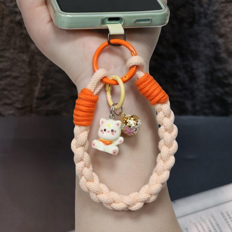 Women S Woven Phone Wrist Strap Cat Charm Anti Lost Lanyard