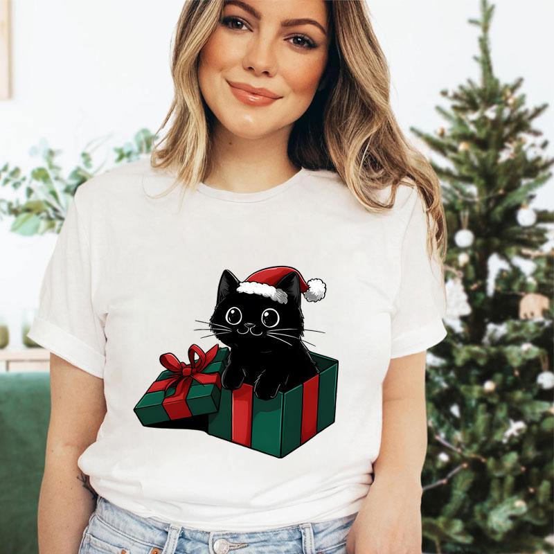 Cat Lover Gift for Christmas Crew Neck Women Tshirt Trendy Santa Cat Design Classic Tops Merry Christmas Cartoon Premium Tshirt S