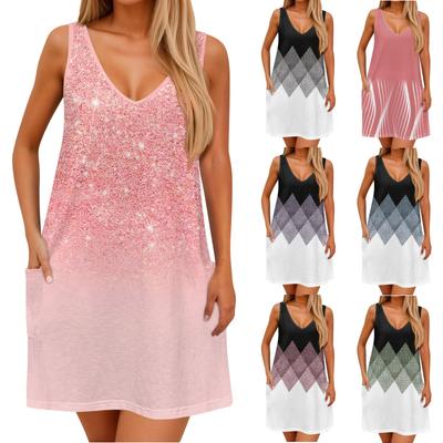 Women's Casual Print Summer Bohemian Beach Dress With Pockets V Neck Tank Dress