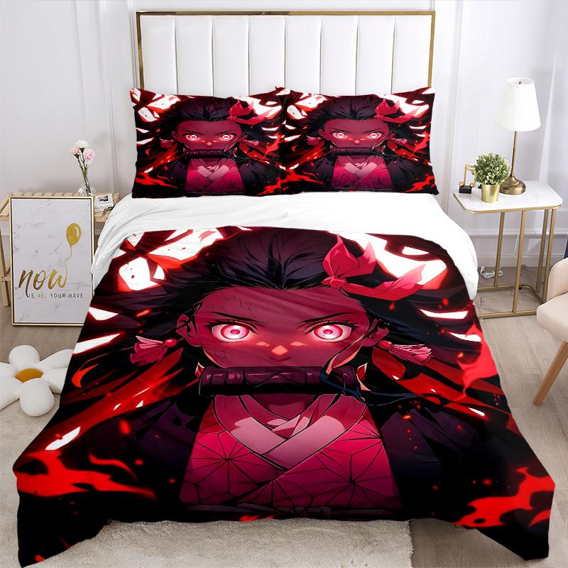 3pcs Anime Character Kamado Nezuko Pattern Bedding Three-Piece Set (1 Cover + 2 Pillowcases, No Fillings), This Printed Bedding Set Is Soft