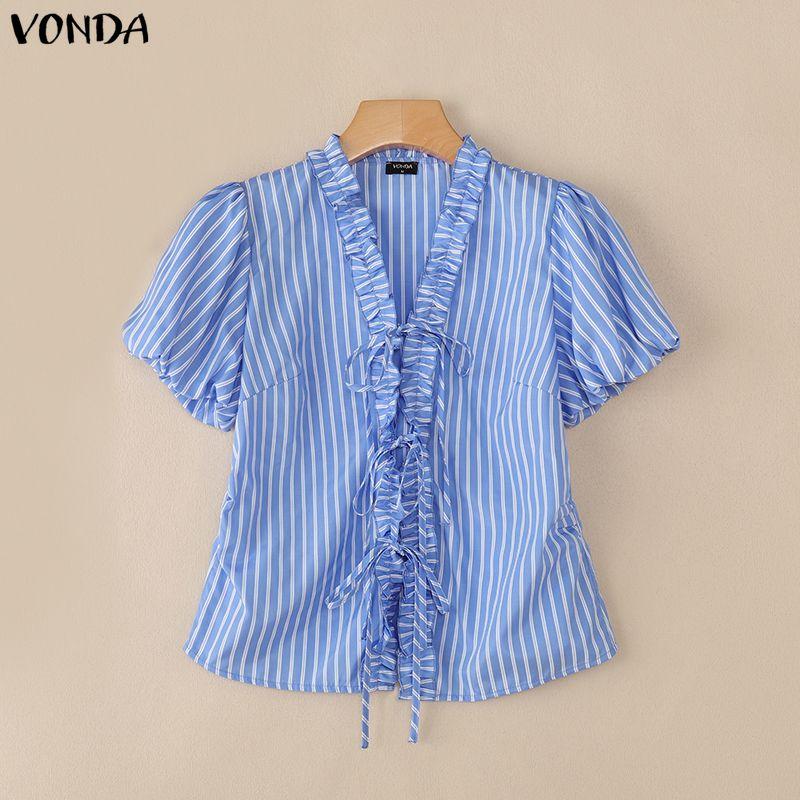 VONDA Women Puff Short Sleeve Bow Knot Striped Casual Ruffled Blouse Tops